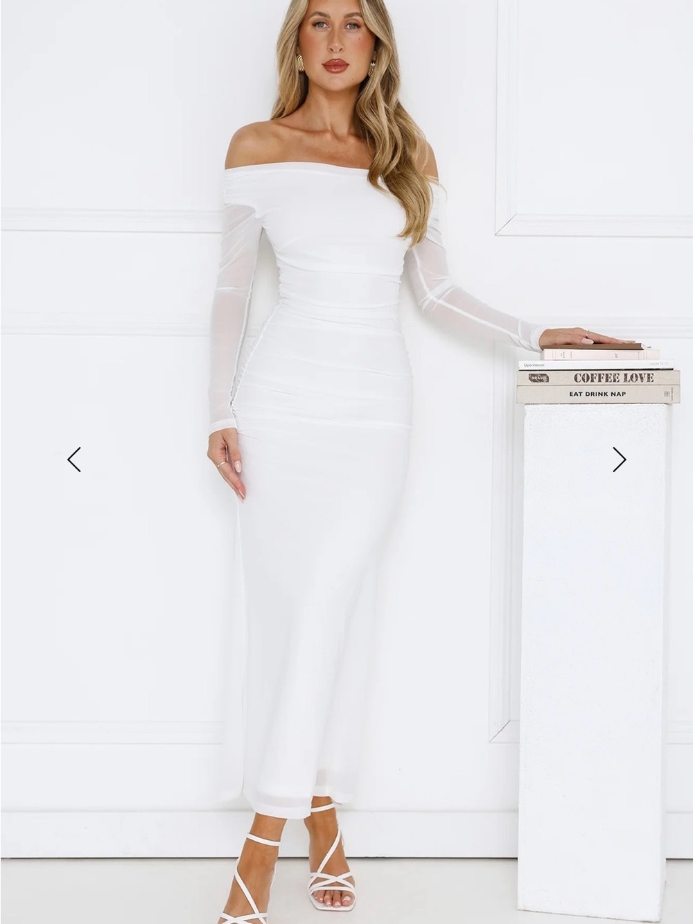 Hello Molly White Curve Embrace Off Shoulder Mesh Maxi Dress. Size small